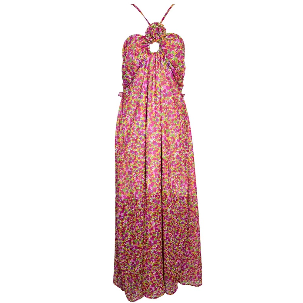 Commense Women Floral Maxi Dress M Pink Ditzy Garden Romantic Rosette Halter NWT